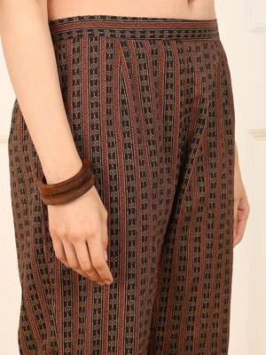women brown cotton ethnic printed a-line kurta trouser with dupatta 5