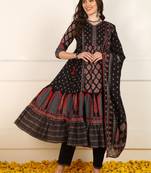 women black cotton ethnic printed anarkali kurta trouser with dupatta