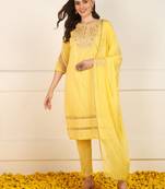 women yellow cotton embroidered straight kurta trouser with dupatta