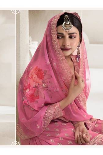 Pink chinon silk floral print  embroidery semi stitched suits