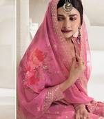 Pink chinon silk floral print  embroidery semi stitched suits