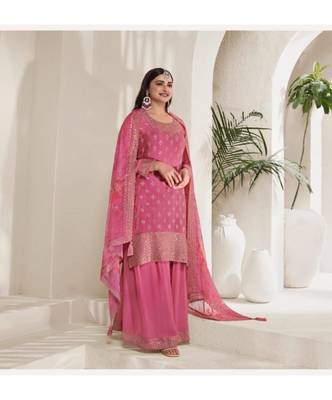 Pink chinon silk floral print  embroidery semi stitched suits 2