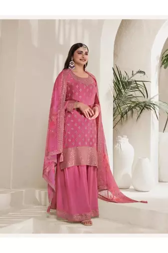 Pink chinon silk floral print  embroidery semi stitched suits