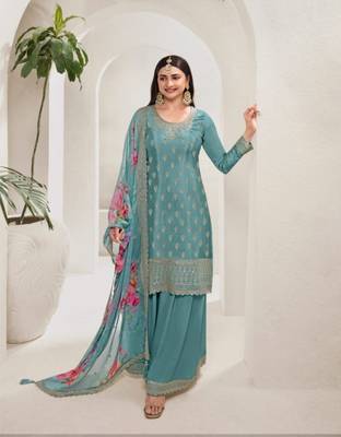Light blue chinon silk floral print  embroidery semi stitched suits 1