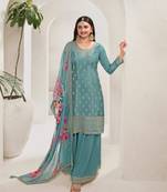 Light blue chinon silk floral print  embroidery semi stitched suits