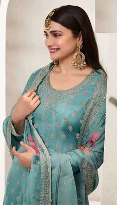 Light blue chinon silk floral print  embroidery semi stitched suits 2