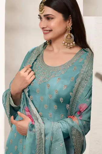 Light blue chinon silk floral print  embroidery semi stitched suits