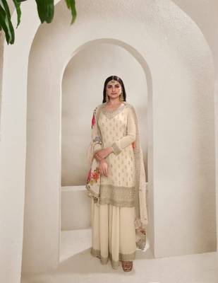 Cream chinon silk floral print  embroidery semi stitched suits 1
