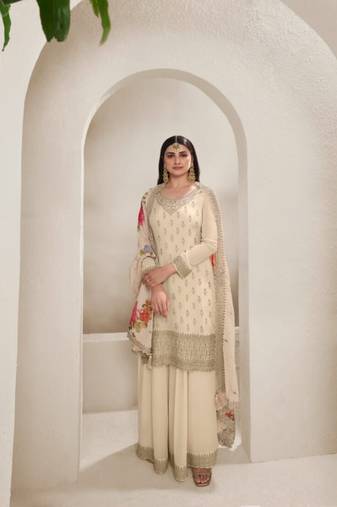Cream chinon silk floral print  embroidery semi stitched suits