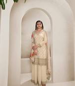 Cream chinon silk floral print  embroidery semi stitched suits