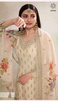 Cream chinon silk floral print  embroidery semi stitched suits 2
