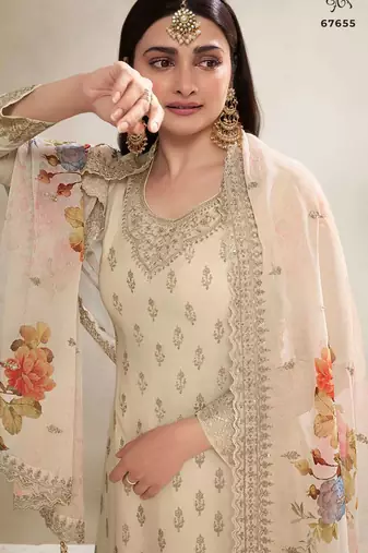 Cream chinon silk floral print  embroidery semi stitched suits