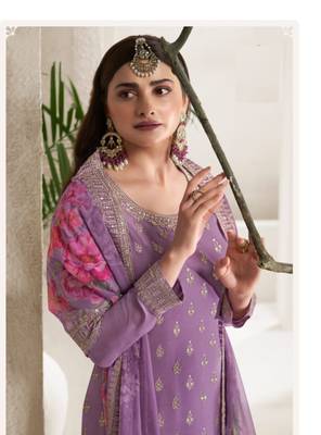 Light purple digital print silk embroidery semi stitched suits 2