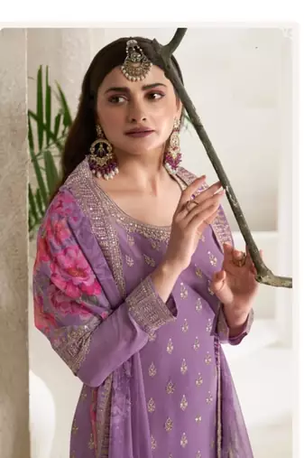 Light purple digital print silk embroidery semi stitched suits
