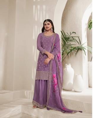 Light purple digital print silk embroidery semi stitched suits 1