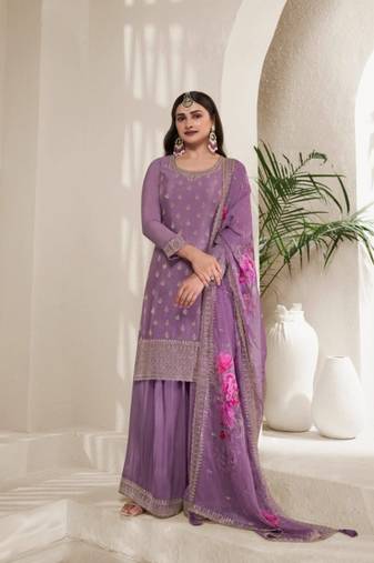 Light purple digital print silk embroidery semi stitched suits