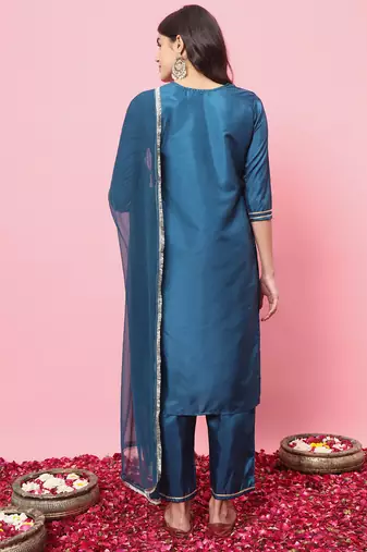  women kurta and trousers pant set silk blend