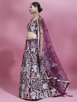 Burgundy Net  Sequin Work Semi-Stitched Lehenga & Unstitched Blouse with Dupatta 1