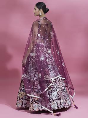 Burgundy Net  Sequin Work Semi-Stitched Lehenga & Unstitched Blouse with Dupatta 2