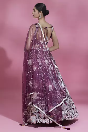 Burgundy Net  Sequin Work Semi-Stitched Lehenga & Unstitched Blouse with Dupatta
