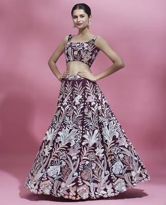 Burgundy Net  Sequin Work Semi-Stitched Lehenga & Unstitched Blouse with Dupatta 5