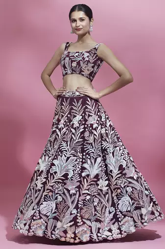 Burgundy Net  Sequin Work Semi-Stitched Lehenga & Unstitched Blouse with Dupatta
