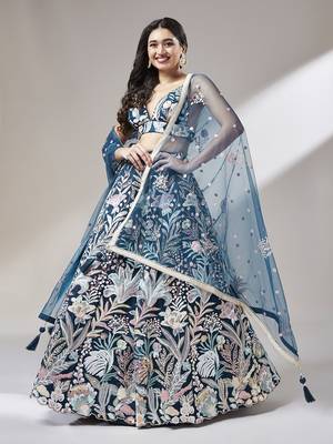 Navy blue Net  Sequin Work Semi-Stitched Lehenga & Unstitched Blouse with Dupatta 1
