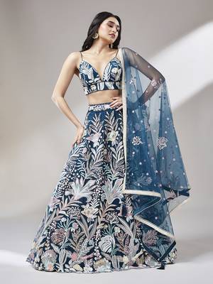 Navy blue Net  Sequin Work Semi-Stitched Lehenga & Unstitched Blouse with Dupatta 2