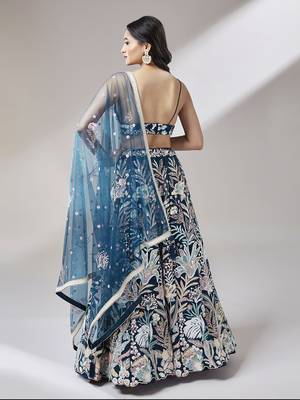 Navy blue Net  Sequin Work Semi-Stitched Lehenga & Unstitched Blouse with Dupatta 3