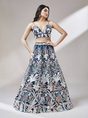 Navy blue Net  Sequin Work Semi-Stitched Lehenga & Unstitched Blouse with Dupatta 4