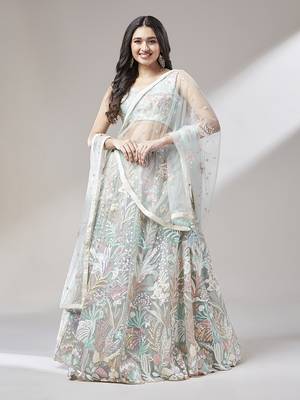 Lime Green Net  Sequin Work Semi-Stitched Lehenga & Unstitched Blouse with Dupatta 2