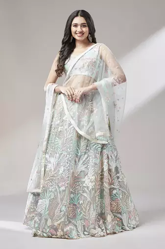 Lime Green Net  Sequin Work Semi-Stitched Lehenga & Unstitched Blouse with Dupatta