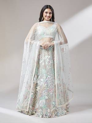 Lime Green Net  Sequin Work Semi-Stitched Lehenga & Unstitched Blouse with Dupatta 1
