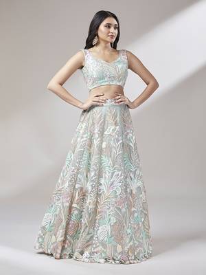 Lime Green Net  Sequin Work Semi-Stitched Lehenga & Unstitched Blouse with Dupatta 4