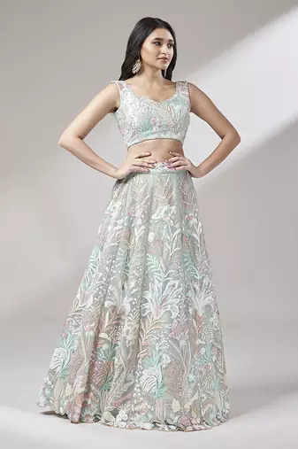Lime Green Net  Sequin Work Semi-Stitched Lehenga & Unstitched Blouse with Dupatta
