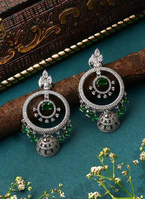 Silver Earrings With White and Green Accents 1