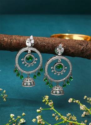 Silver Earrings With White and Green Accents 2