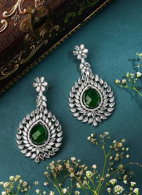 American Diamond Earrings With Centred Green Stone 1
