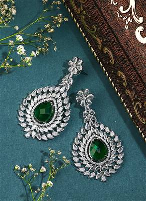 American Diamond Earrings With Centred Green Stone 2