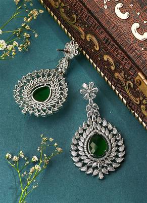American Diamond Earrings With Centred Green Stone 3