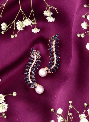 Blue Leaf Shaped Earrings With Pearl Drop 1