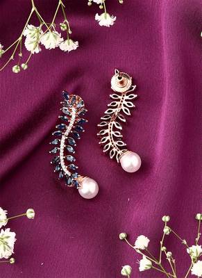 Blue Leaf Shaped Earrings With Pearl Drop 2