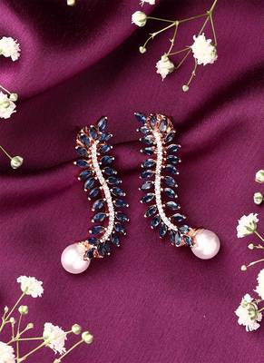 Blue Leaf Shaped Earrings With Pearl Drop 3