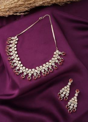 Pink American Diamond Necklace Set With Earrings 1