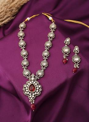 Red Stone Studded Necklace Set With Earrings 1