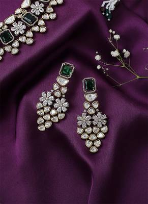 Green Floral American Diamond Neclace Set 3