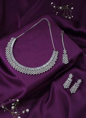 Silver American Diamond Necklace Set With Maang Tikka 2