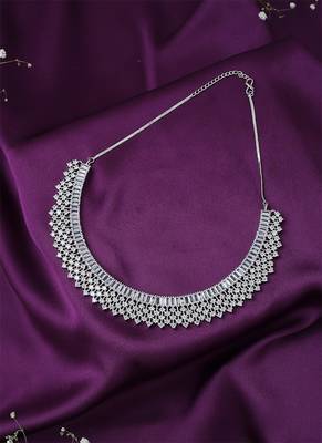 Silver American Diamond Necklace Set With Maang Tikka 4
