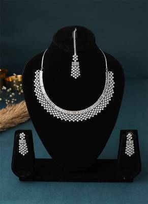 Silver American Diamond Necklace Set With Maang Tikka 1