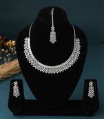Silver American Diamond Necklace Set With Maang Tikka